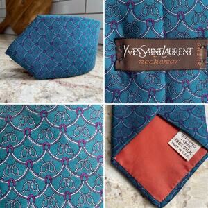 YSL Yves St Laurent $220 Blue Purple Gray Equestrian Print Silk Tie